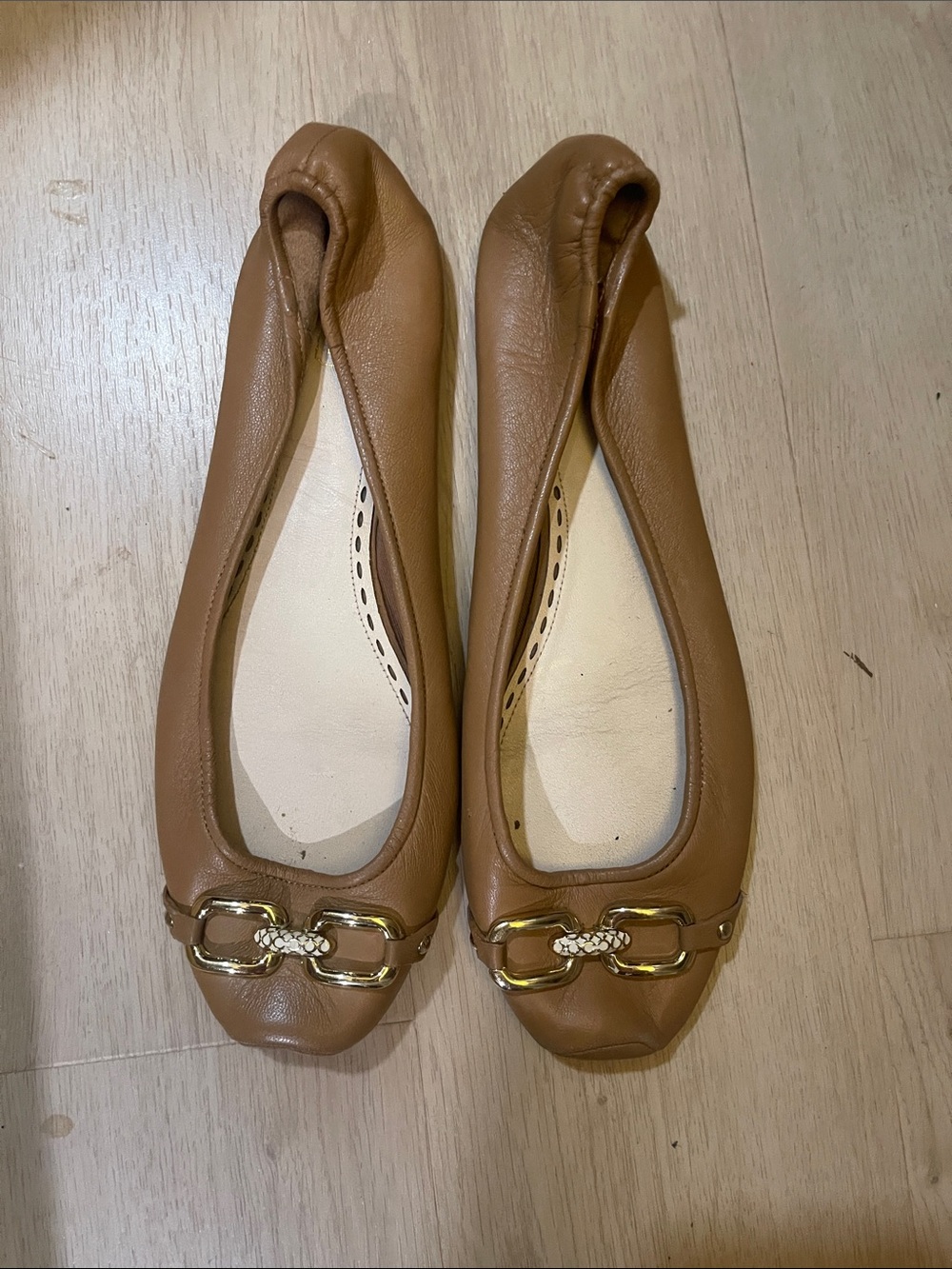 Coach Tan Leather Ballet Flats with Gold Chain Accent